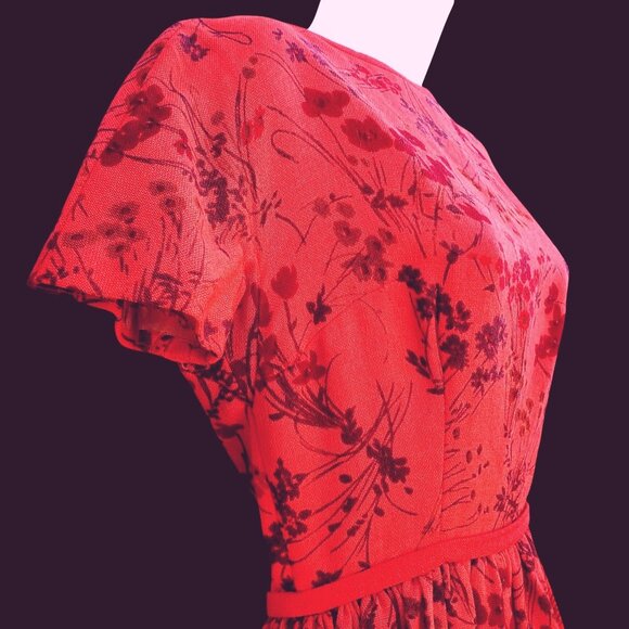 Vintage Lanz Dress 60s Fit and Flare XS Red Floral Wool Linen With Pockets - Picture 3 of 14